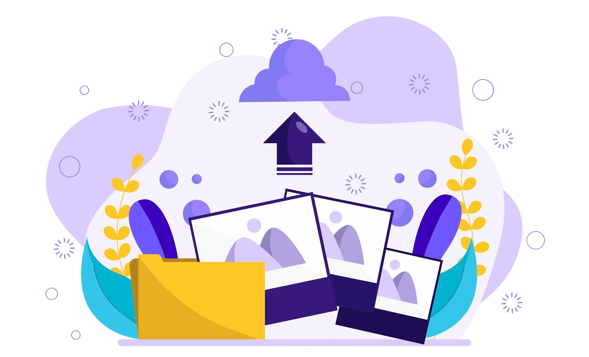 Ilustração com computador e elementos relacionados a Upload